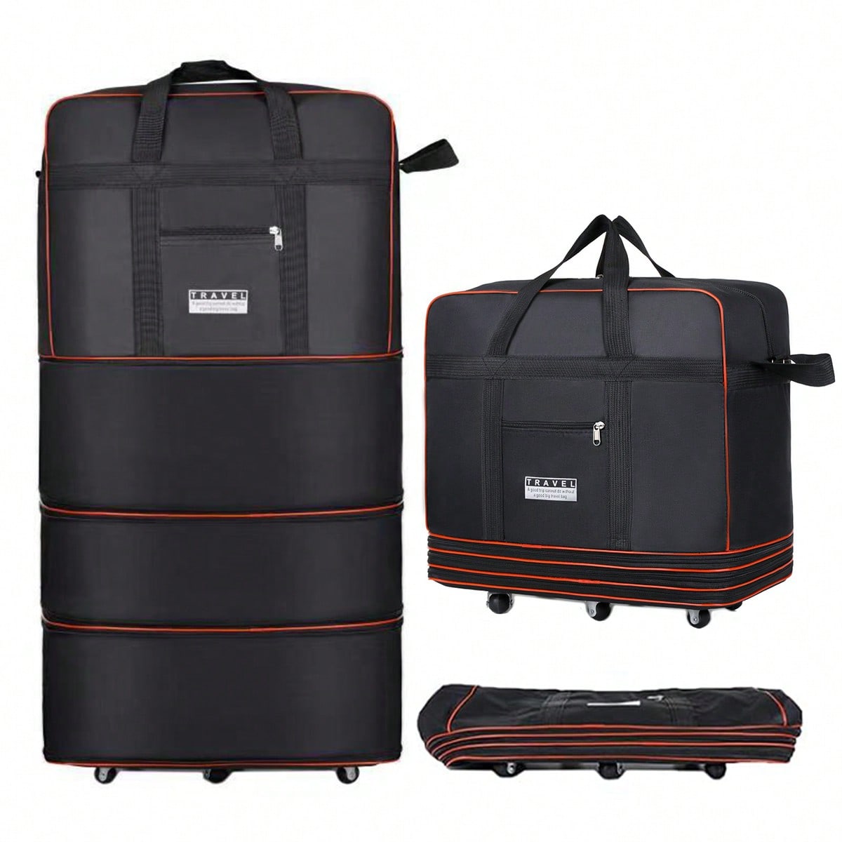 Foldable Rolling Luggage Bag - Siyah, Katlanabilir, Tekerlekli Seyahat Çantası, Genişletilebilir,